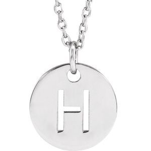 14k White Gold Initial H, Small 10mm Pierced Disc Necklace, 16-18 Inch